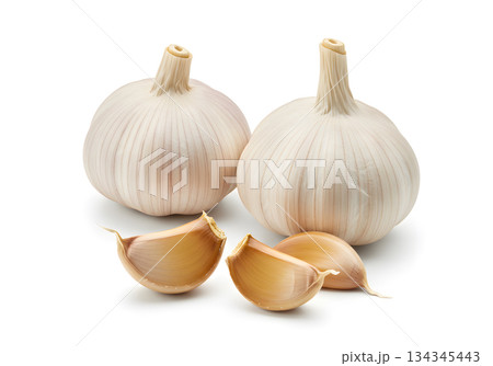 Fresh Garlic Bulbs and Cloves Isolated on White Background 134345443