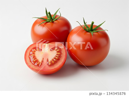 Fresh Red Tomatoes with Half Cut Isolated on White Background 134345876