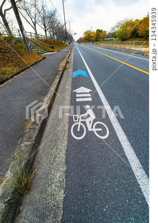 まっすぐな道路に敷設された自転車レーン 134345939