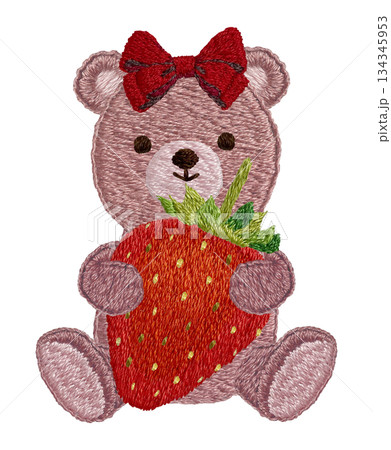 【イチゴとテディベア】手刺繍イラスト素材 134345953