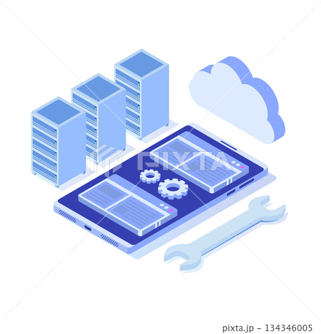 IT Administrators server, systems configuration, network upkeeping, Data center concept. Flat isometric vector illustration IT Administrators server, systems configuration, network upkeeping, Data center concept. Flat isometric vector illustration 134346005