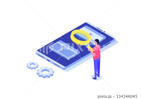 App tester. Software or application testing  isometric vector concept.  Debugging development process. Vector illustration. 134346045