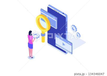 App tester. Software or application testing  isometric vector concept.  Debugging development process. Vector illustration. 134346047