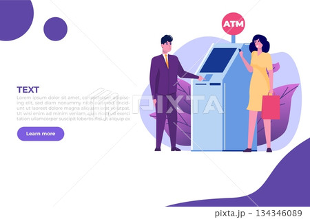 People are waiting in line near ATM machine. Queue at the ATM. Perform financial transactions Vector illustration in a flat style 134346089