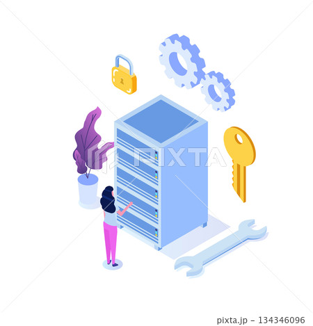 IT Administrators server, systems configuration, network upkeeping, Data center concept. Flat isometric vector illustration IT Administrators server, systems configuration, network upkeeping, Data center concept. Flat isometric vector illustration 134346096