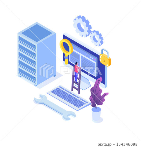 IT  Administrators server, systems configuration, network upkeeping, Data center  concept. Flat isometric vector illustration 134346098