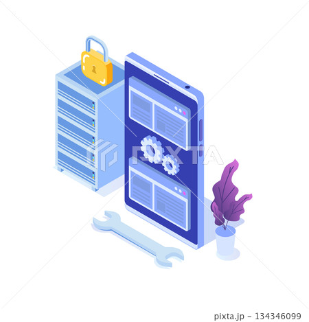 IT Administrators server, systems configuration, network upkeeping, Data center concept. Flat isometric vector illustration IT Administrators server, systems configuration, network upkeeping, Data center concept. Flat isometric vector illustration 134346099