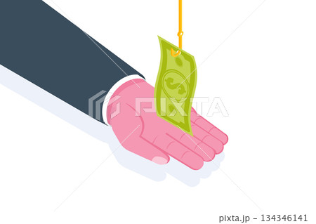 Money bait, money trap concept. Dollar on the fishing hook. Vector illustrations for banner, website, landing page, flyer. 134346141