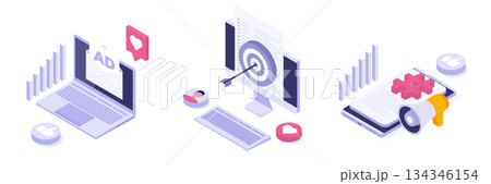 Cross-posting social, Social network, media promotion, push advertising concept. Isometric Vector illustrations set for banner, website, landing page, flyer. 134346154
