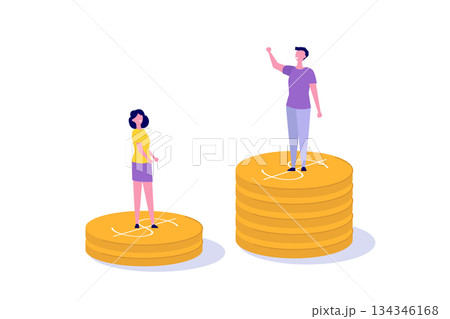 Social inequality, Salary gap concept. Standing on stacks of coins. Cartoon Flat Vector illustration for banner, website, landing page, flyer. 134346168