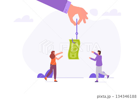 Money bait, money trap concept. Dollar on the fishing hook. Vector illustrations for banner, website, landing page, flyer. 134346188