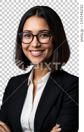 A Latina executive with sleek bobbed hair and oversized glasses, her warm yet determined smile surrounded by radiant patterns, symbolizing 134346292