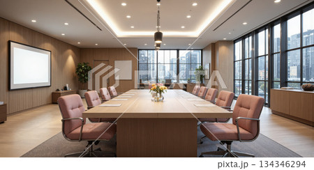 Corporate training room with a long wooden table, cushioned chairs, and modern lighting fixtures. Add a whiteboard and projector screen 134346294
