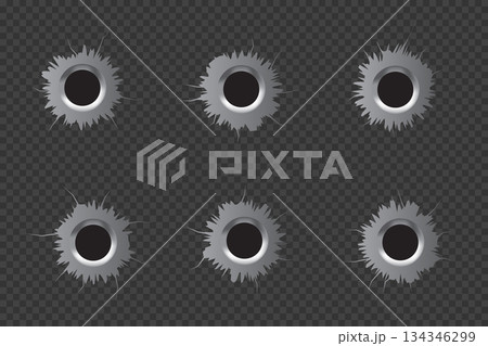 Realistic Bullet holes Set. Isolated on  transparent background. Vector illustration. 134346299
