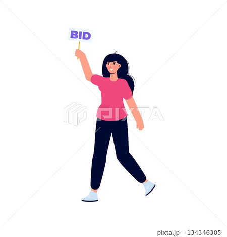 Character  holding auction paddle with bid text. Vector illustration. 134346305