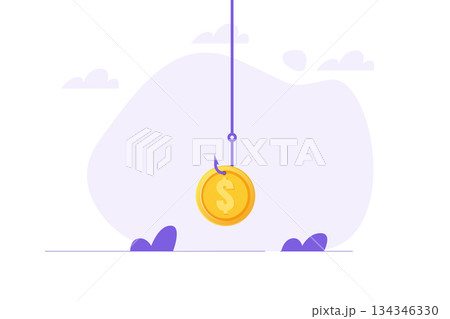 Money bait, money trap concept. Dollar on the fishing hook. Vector illustrations for banner, website, landing page, flyer. Money bait, money trap concept. Dollar on the fishing hook. Vector illustrations for banner, website, landing page, flyer. 134346330