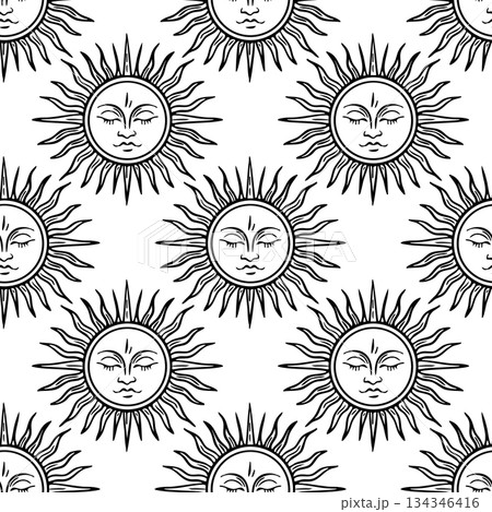 Seamless sun face pattern in black line art for boho or celestial design Seamless sun face pattern in black line art for boho or celestial design 134346416