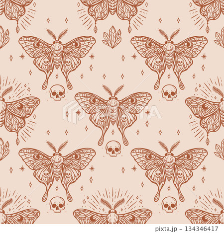 Seamless mystical moth pattern with skulls and crystals in terracotta line art 134346417