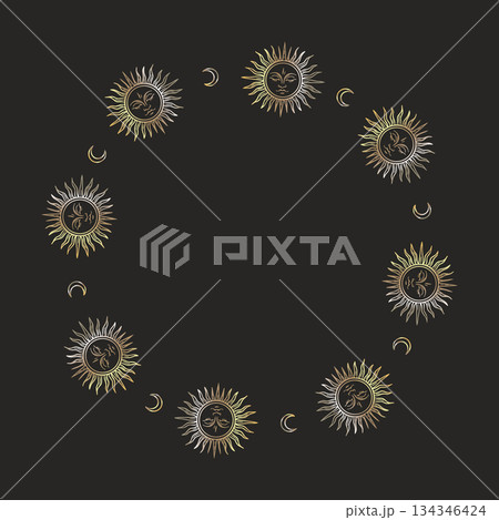 Mystical sun and moon celestial frame in gold gradient line art on black 134346424
