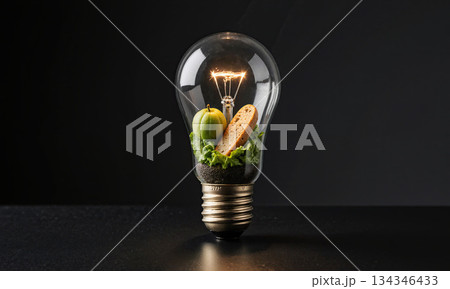 6 u 4. Groceries In Lightbulb. A classic, clear glass lightbulb is shown, but the filament inside has been replaced by 134346433