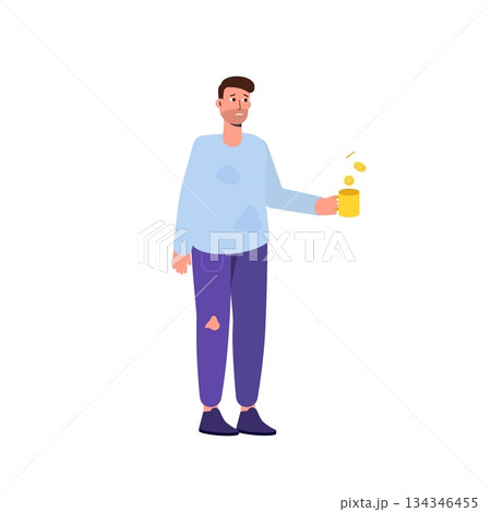 Homeless Poor Beggar man without a money and home. Vector illustration in cartoon style. 134346455