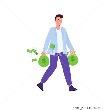Happy Rich man, businessman character holding cash money bags. Vector illustration in cartoon style. 134346456