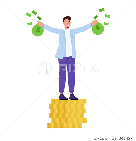 Happy Rich man, businessman character holding cash money bags. Vector illustration in cartoon style. 134346457