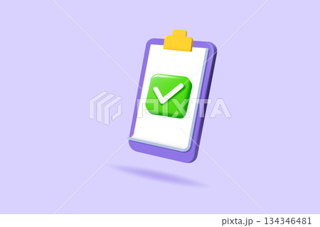 Approvement, exam, clipboard, mark icon. Task management todo check list. 3d realistic vector illustration. Approvement, exam, clipboard, mark icon. Task management todo check list. 3d realistic vector illustration. 134346481