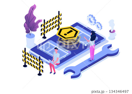 Developing web site, Website under construction, Coming Soon concept. Maintenance work.  Flat Isometric Vector Illustration. 134346497