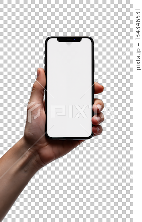 Tech Device Mockup Hand holding a modern smartphone vertically, screen facing forward and blank, studio lighting, isolated for product mockup 134346531