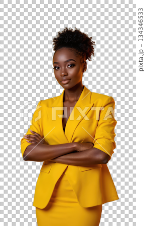 A Black female entrepreneur in bold yellow, arms crossed as rays of light shoot from her hands, symbolizing energy, creativity 134346533