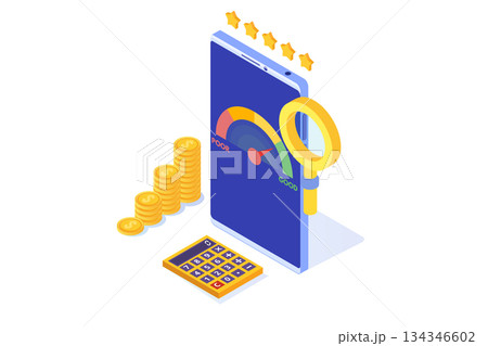 Credit score app with rating scale from poor to good rate. Isometric Vector illustration. Credit score app with rating scale from poor to good rate. Isometric Vector illustration. 134346602