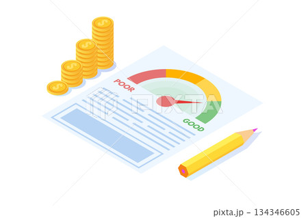 Credit score app with rating scale from poor to good rate.  Isometric Vector illustration. 134346605
