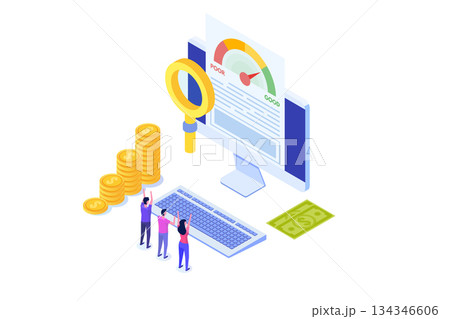 Credit score app with rating scale from poor to good rate. Isometric Vector illustration. Credit score app with rating scale from poor to good rate. Isometric Vector illustration. 134346606
