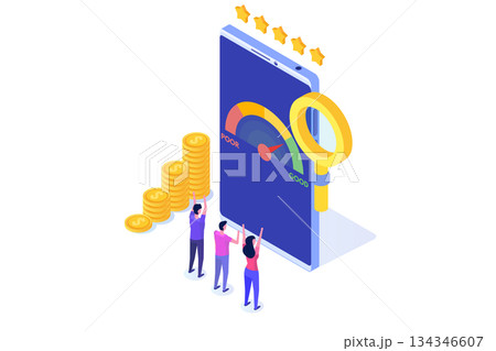 Credit score app with rating scale from poor to good rate.  Isometric Vector illustration. 134346607