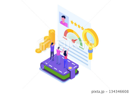 Credit score app with rating scale from poor to good rate.  Isometric Vector illustration. 134346608