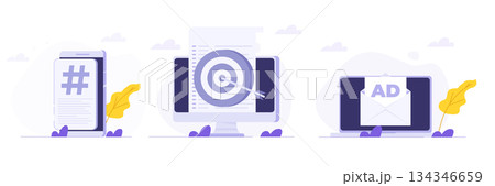 Cross-posting social, Social network, media promotion, push advertising concept. Flat Vector illustrations set for banner, website, landing page, flyer. Cross-posting social, Social network, media promotion, push advertising concept. Flat Vector illustrations set for banner, website, landing page, flyer. 134346659