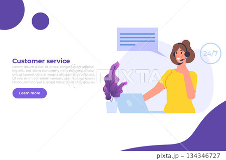 Call center template. Customer service, hotline concept. Office workers with headsets, telemarketing agents. Vector illustration Call center template. Customer service, hotline concept. Office workers with headsets, telemarketing agents. Vector illustration 134346727
