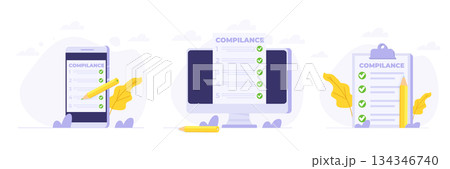 Regulation Compliance, list of rules law concepts set. Flat Vector Illustrations collection. Can use for, landing page, template, web, homepage, poster, banner. Regulation Compliance, list of rules law concepts set. Flat Vector Illustrations collection. Can use for, landing page, template, web, homepage, poster, banner. 134346740