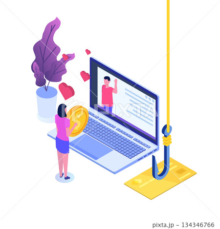 Dating scam, Online dating fraud concept. Vector isometric illustration. Dating scam, Online dating fraud concept. Vector isometric illustration. 134346766