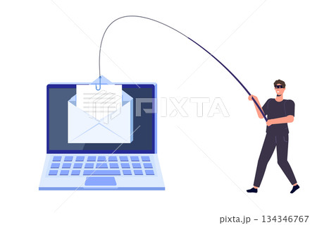 Data phishing, hacking online scam on computer laptop concept. Hacker attack and web security concept. Fishing by email, envelope and fishing hook. Cyber thief. Vector illustration. 134346767