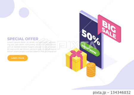 Smartphone shop event, season sale, online shopping event. Flat Isometric illustration. Can use for web banner, infographics. Smartphone shop event, season sale, online shopping event. Flat Isometric illustration. Can use for web banner, infographics. 134346832