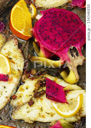 Plate of grilled white fish fillet. Plate of grilled white fish fillet. 134346850