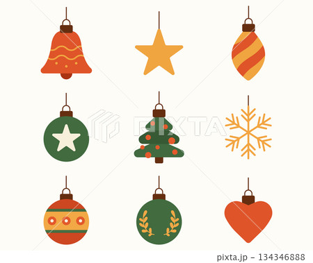Christmas ornament flat design set. Minimal holiday decoration illustration set. Christmas ornament flat design set. Minimal holiday decoration illustration set. 134346888