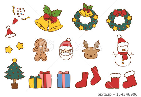 手描き風のかわいいクリスマスイラスト素材セット 手描き風のかわいいクリスマスイラスト素材セット 134346906