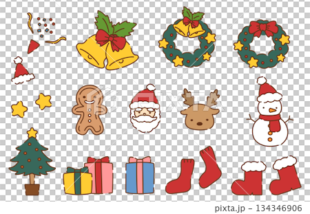 手描き風のかわいいクリスマスイラスト素材セット 手描き風のかわいいクリスマスイラスト素材セット 134346906