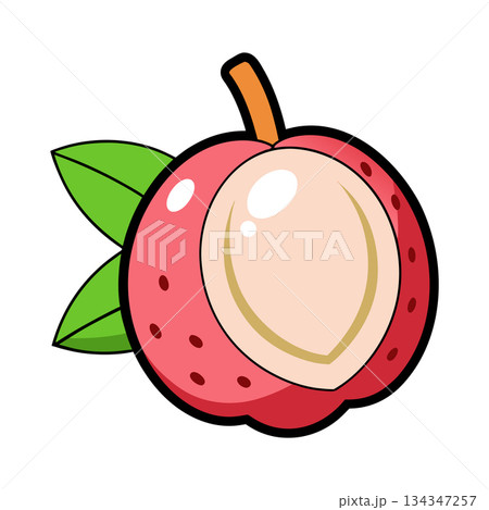 Cute cartoon lychee fruit with leaves isolated on white background Cute cartoon lychee fruit with leaves isolated on white background 134347257