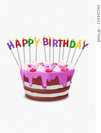 Happy Birthday Cake with Colorful Candles and Pink Frosting Decoration 134347262