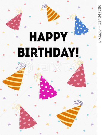 Festive Happy Birthday Card with Party Hats and Confetti Illustration 134347286