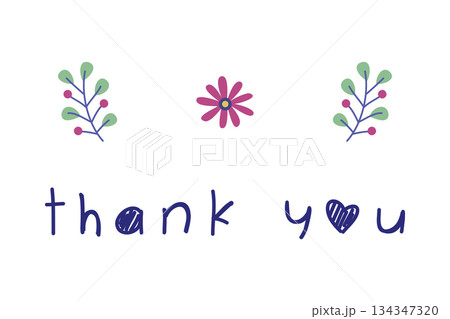 Cute thank you greeting card with floral elements and handwritten text 134347320